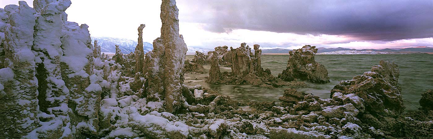 Panoramic Fine Art Photography ~ Panoramic Landscape Photo Gallery ~ Snow Storm Over Paoha Island from South Tufas, Mono Lake